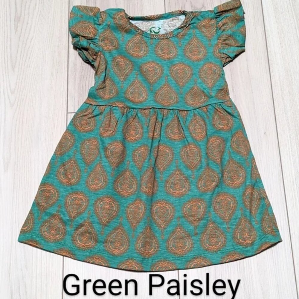 Toddler Girls Ruffle Sleeves Cotton Dress –Green Paisley Print, NWOT,Casual Wear